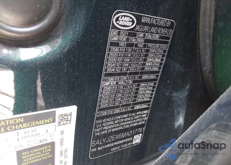 2021 Land Rover Range Rover Velar P250 S из США, поврежденный, VIN SALYJ2EX6MA317761